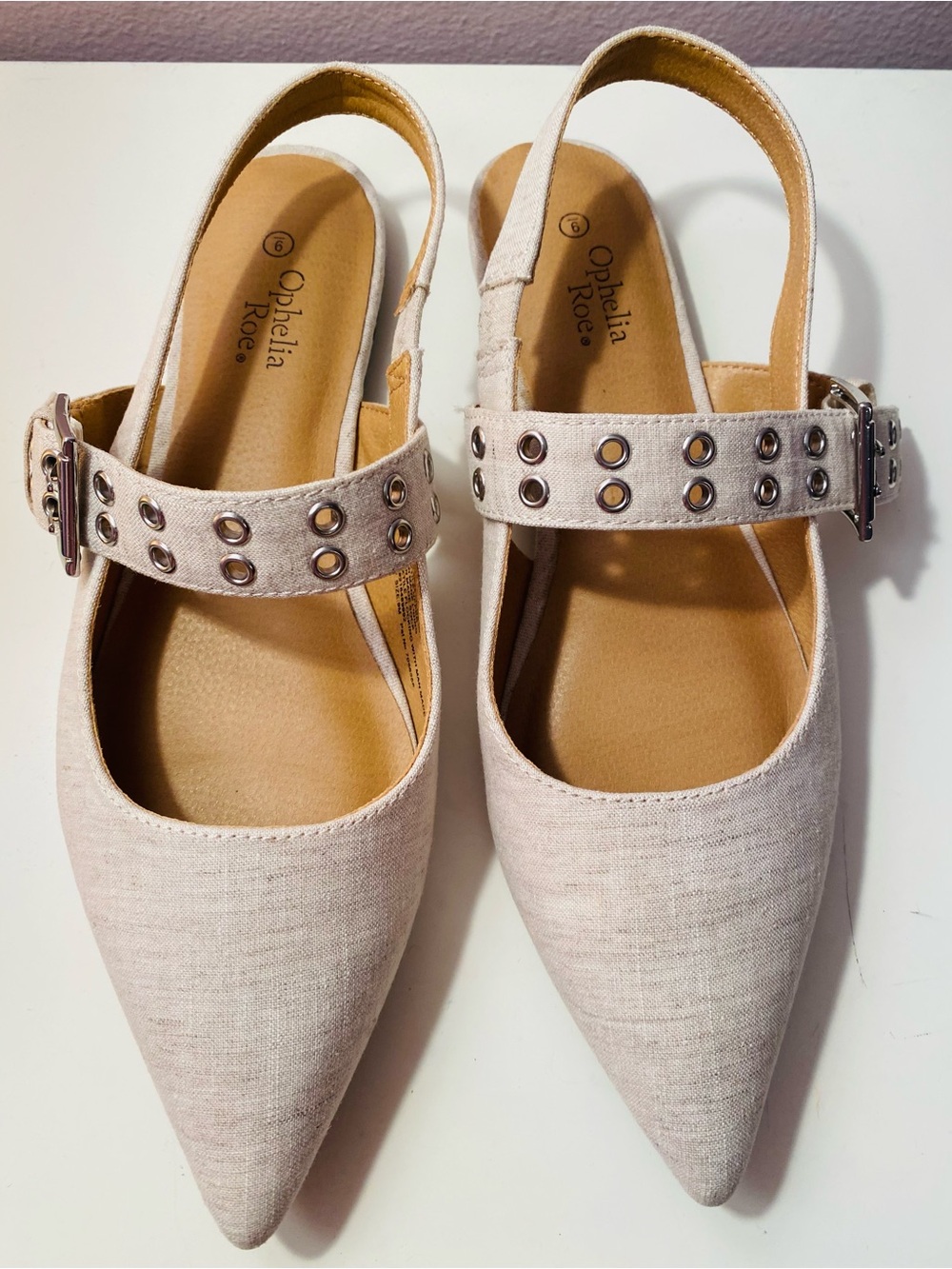 Ophelia Rose Women's Pointed Mary Jane Flats in Beige with Stud Strap